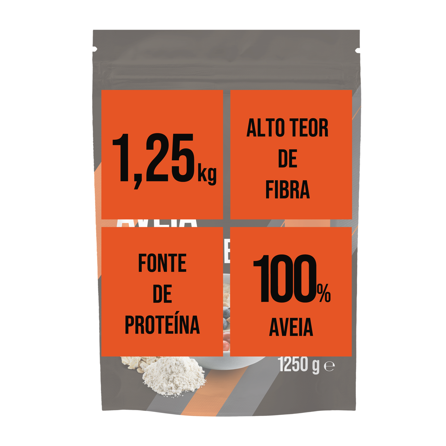 Imagem Ilustrativa da Embalagem de Aveia Instantânea de 1250g, com alto teor de fibra, fonte de proteína e 100% aveia.