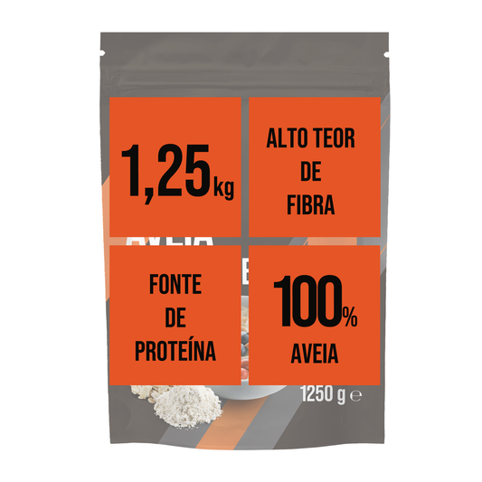 Imagem Ilustrativa da Embalagem de Aveia Instantânea de 1250g, com alto teor de fibra, fonte de proteína e 100% aveia.