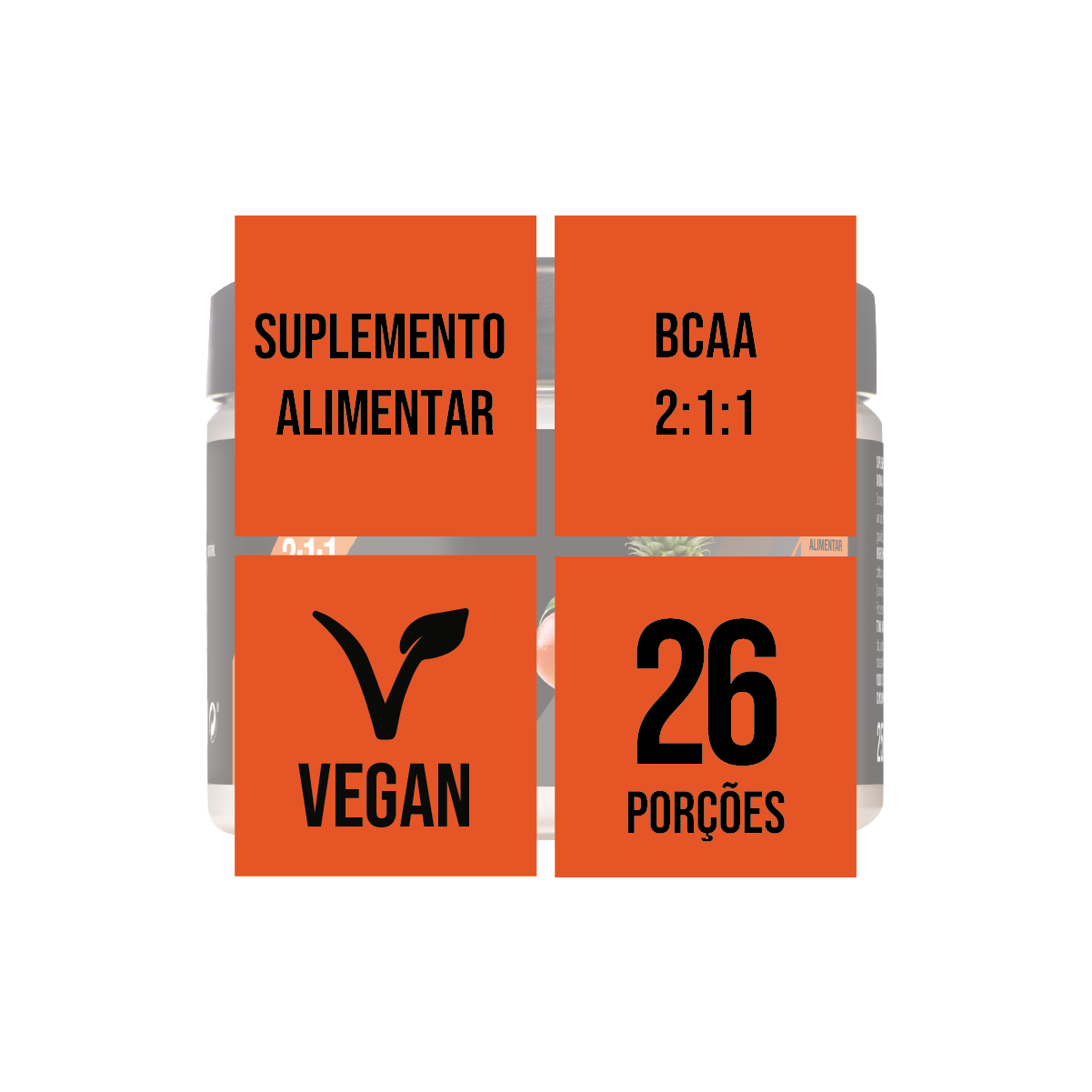 Imagem Infográfica - BCAA de frutos tropicais vegan e para 26 porções.