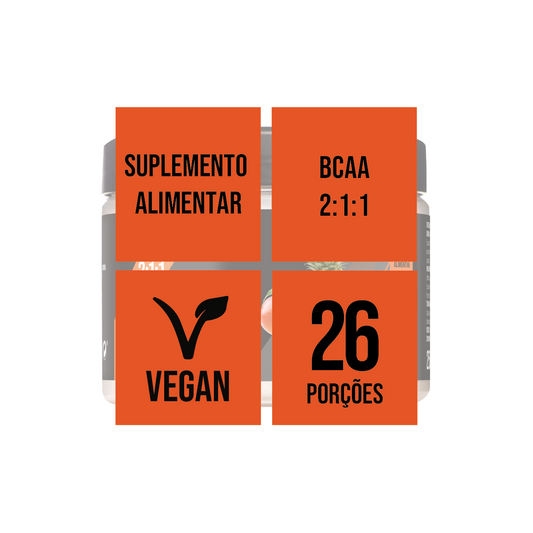 Imagem Infográfica - BCAA em Pó Vegan para 26 porções de Sabor a Laranja.