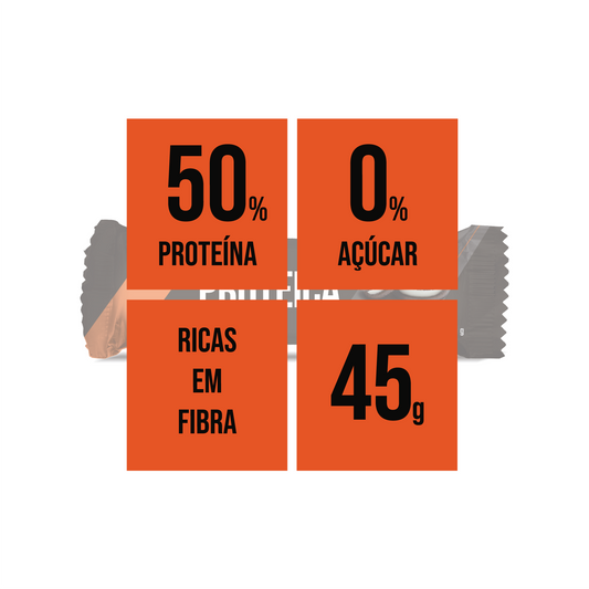 Imagem Ilustrativa da Embalagem de Barra Proteica Sabor a Bolacha de 45g, com 50% Proteína, 0% açúcar e rica em fibras.
