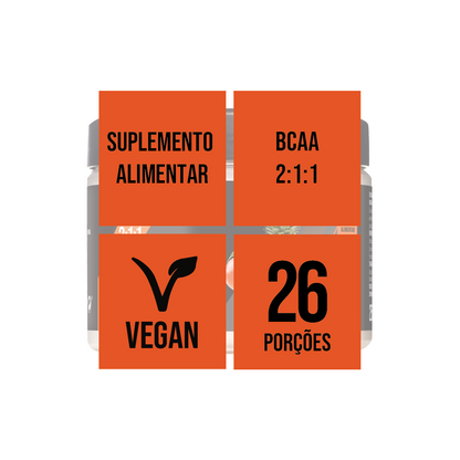 Imagem Infográfica - BCAA de frutos tropicais vegan e para 26 porções. 
